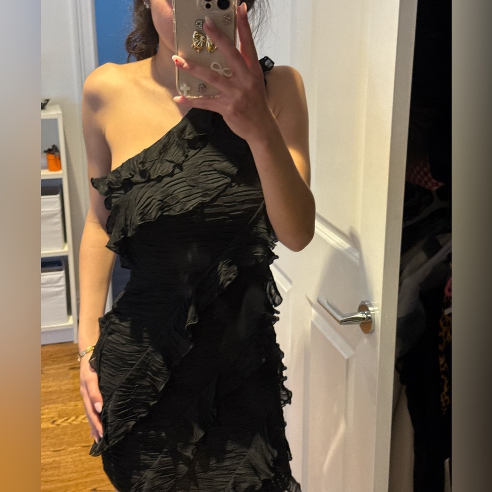 Zara Black Ruffled One-Shoulder Dress